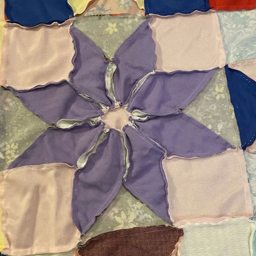Vtg 70s Polyester Quilt Topper 87x87 - Hand Stitched Star Flower Dahlia Retro